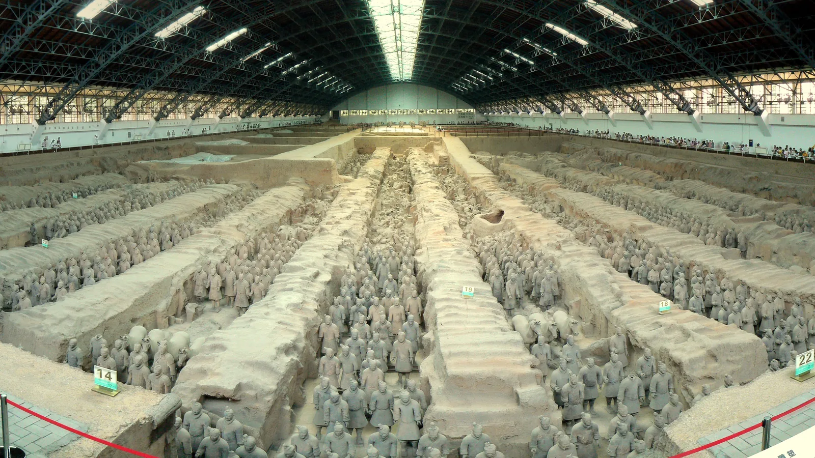Rows of excavated terracotta warriors inside Pit 1