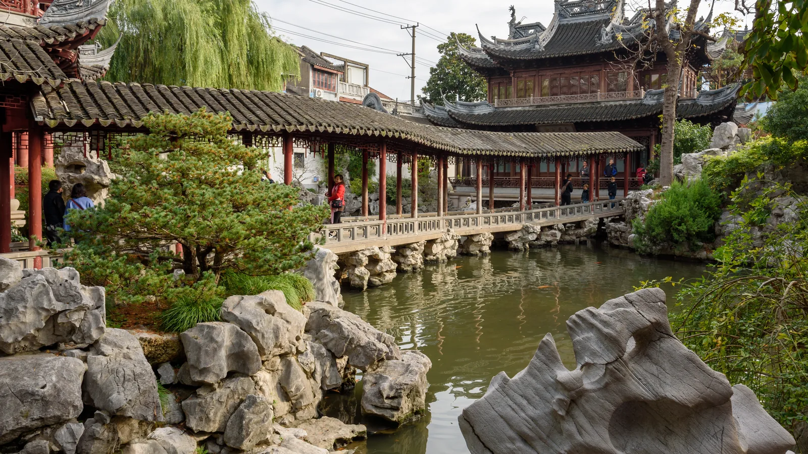 Pavilions, covered walkways, rocks and water inside Yu Garden in Shanghai